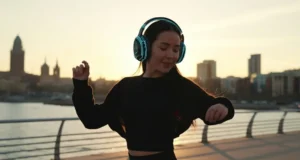 Mujer escuchando música con cascos en el paseo marítimo
