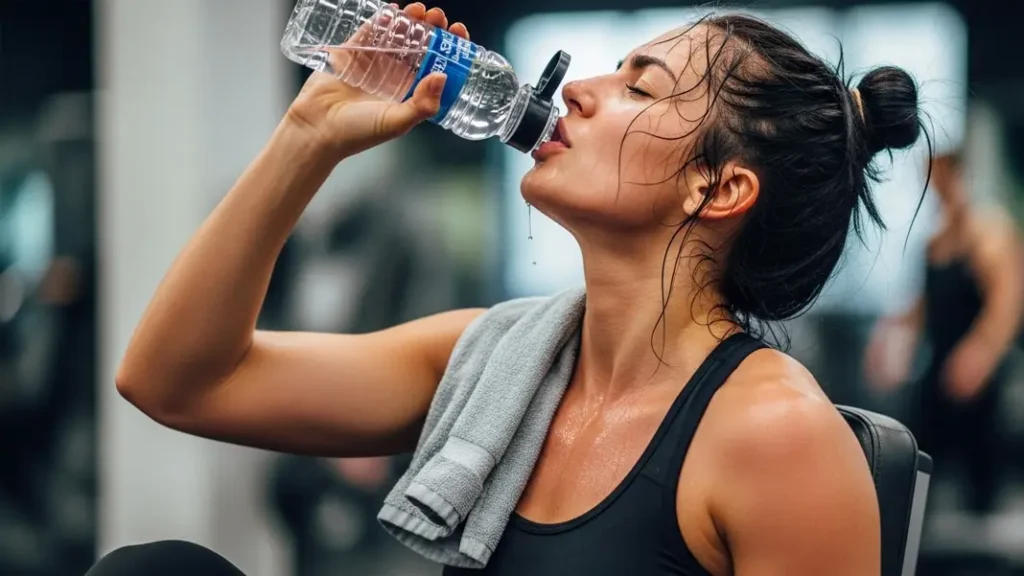 Mujer joven y guapa sudando y bebiendo agua en un gimnasio de Barcelona